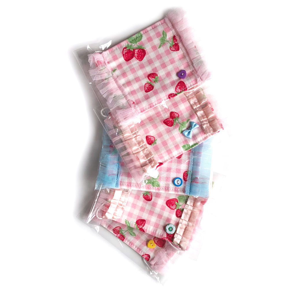 在庫あり即納日本製洗える繰り返し使える！かわいい子供用表綿裏ガーゼ平面マスク1枚綿100%/ハンドメイド作家「おんぷ♪」さん作イチゴチェックリボンボタンプリンセス姫レースマスクnodhc（福岡在庫）