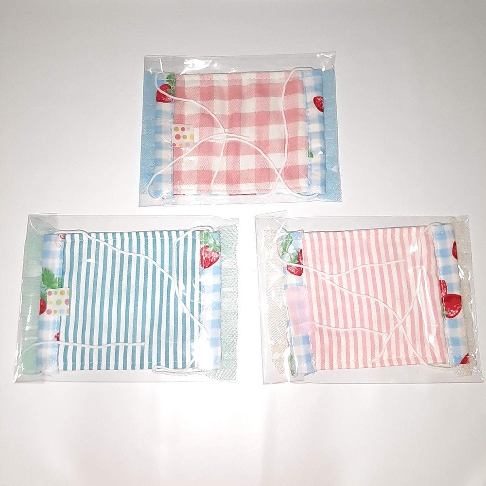 在庫あり即納日本製洗える繰り返し使える！かわいい子供用表綿裏ガーゼ平面マスク1枚綿100%/ハンドメイド作家「おんぷ♪」さん作いちご柄ハートボタンチェックストライププリンセス姫レースマスクnodhc（福岡在庫）