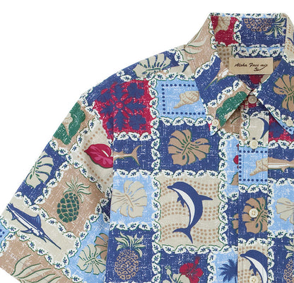 ボタンダウン アロハシャツ 半袖シャツ キルト柄 男女兼用 1カラー SS〜4Lサイズ LIFEMAX  FB4519U 送料無料